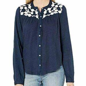 Lucky Brand Deep navy jacquard embroidered Henley, Size Small